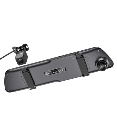 Vaizdo registratorius Hoco DV4 dual channel rearview mirror atvaizduotas iš nugarinės pusės su papildoma galine kamera.