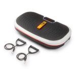 Vibro treniruoklis Reach EX750 juodos ir baltos spalvos, su oranžiniu nuotolinio valdymo pulteliu ir dviem juodais pasipriešinimo diržais