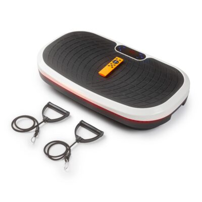 Vibro treniruoklis Reach EX750 juodos ir baltos spalvos, su oranžiniu nuotolinio valdymo pulteliu ir dviem juodais pasipriešinimo diržais