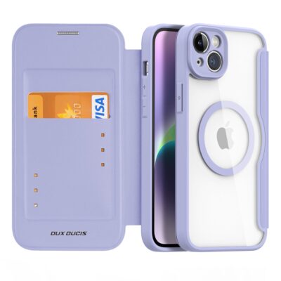 Violetinis atverčiamas dėklas Apple iPhone 14 Plus su kortelių kišenėmis ir skaidriu nugarėle