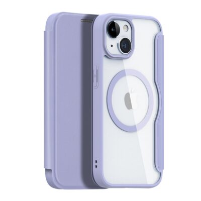 Violetinis atverčiamas dėklas Apple iPhone 15 su permatomu nugarėle ir apsauginiu rėmeliu
