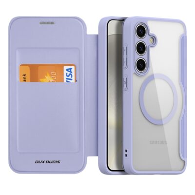 Violetinis atverčiamas dėklas Samsung S921 S24 su kortelės laikikliu ir permatomu dangteliu