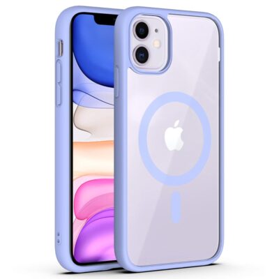 Violetinis dėklas Apple Iphone 11 Premium Mag Cover su skaidriu nugarėle ir mėlynais borteliais