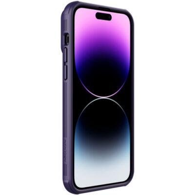 Violetinis dėklas Apple iPhone 14 Pro Max Nillkin Camshield Pro matomas su išmaniuoju telefonu