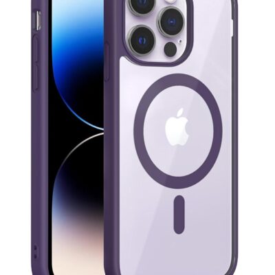 violetinis deklas apple iphone 14 pro max premium mag cover su tamsiai violetiniu ramsciu ir skaidria dalimi
