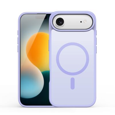 Violetinis dėklas Apple iphone 17 Air dux ducis yind su matiniu paviršiumi ir įrenginio kamera matomas