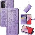 Violetinis dėklas Samsung A145 A14 4G su katės ir šuns atvaizdais ir odos tekstūra