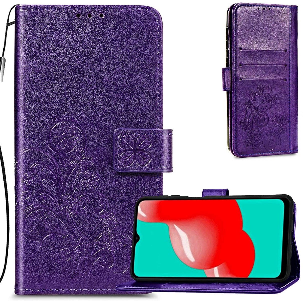 Violetinis dėklas Samsung Galaxy A155 A15 4G Violetinis dėklas Samsung Galaxy A155 A15 4G su gėlėmis ir laikikliu