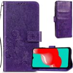 Violetinis dėklas Samsung Galaxy A226 A22 5G Flower Book su gėlių raštais ir stilinga tekstūra