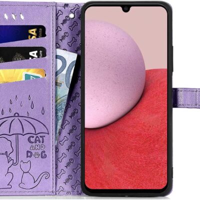 Violetinis dėklas Samsung Galaxy A346 A34 5G su katės ir šuns piešiniu po skėčiu
