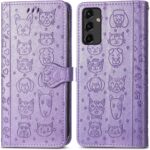 Violetinis dėklas Samsung Galaxy A346 A34 5G su išraižytomis katėmis ir šunimis