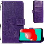 Violetinis dėklas Samsung Galaxy A346 A34 5G su gėlių raštu ir magnetiniu užsegimu