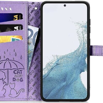 Violetinis dėklas Samsung Galaxy A546 A54 5G su katės ir šuns piešiniu ir kortelių lizdais