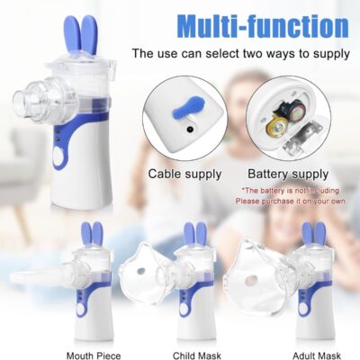 Violetinis inhaliatorius Reach Bunny su įvairiais priedais kvėpavimui pagerinti.