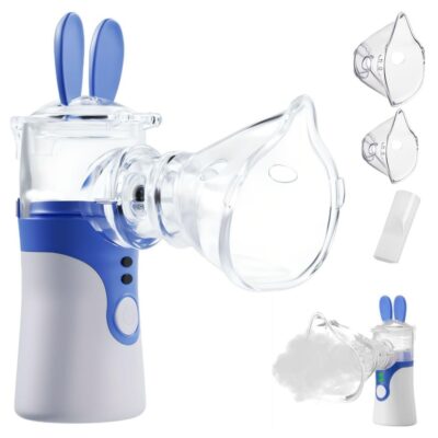 Violetinis inhaliatorius Reach Bunny su skaidriomis kaukėmis ir mėlynais ausų aksesuarais