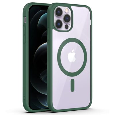 Zalias deklas Apple Iphone 12 Pro Max Premium Mag Cover su skaidriu viduriu ir juodu ryskiu kraštu