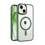 Žalias dėklas Apple Iphone 15 Premium Mag Cover su aiškiu galiniu paviršiumi ir magnetine žiedine detalė