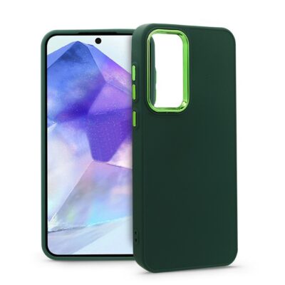 Žalias dėklas FRAME Samsung A556 A55 5G matomas iš priekio ir nugarėlės su atvira kamera