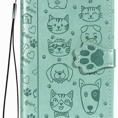 Žalias dėklas Samsung Galaxy A025G A02s su išgraviruotais katėmis ir šunimis ant dėklo