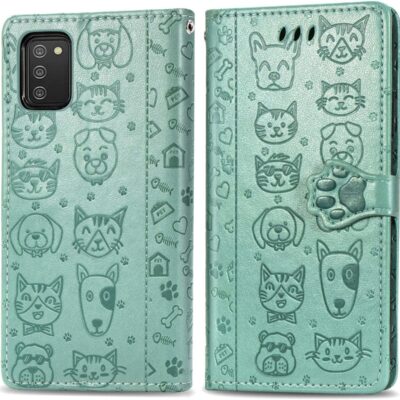 Žalias dėklas Samsung Galaxy A025G A02s su įspaustais katės ir šuns veidais