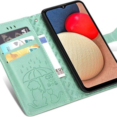 Žalias dėklas Samsung Galaxy A035 A03s su katės ir šuns motyvu ir kortelių laikikliais