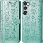 Žalias dėklas Samsung Galaxy A546 A54 5G su įspaustais katės ir šuns veidais