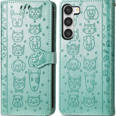 Žalias dėklas Samsung Galaxy A546 A54 5G su įspaustais katės ir šuns veidais