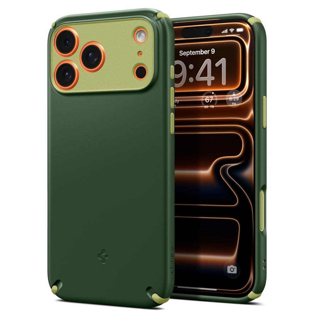 Žalias dėklas Apple Iphone 17 Pro Max Spigen Nano Pop Hybrid Mag Magsafe Žalias dėklas Apple Iphone 17 Pro Max Spigen Nano Pop Hybrid Mag Magsafe su apsauga kampuose ir camera iškiliu rėmeliu