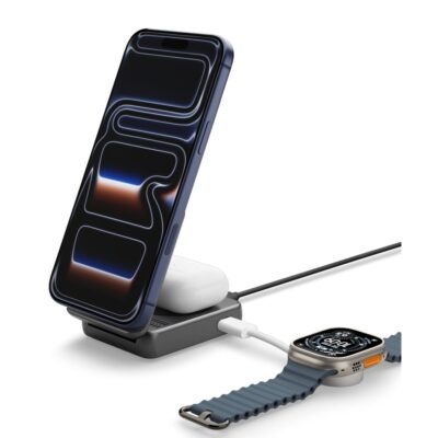 Belaidis pakrovėjas SPIGEN ESSENTIAL EF302MOQ Qi2.2 2IN1 MAGNETIC MAGSAFE WIRELESS CHARGER su laikikliu tamsiai pilkos spalvos, kraunantis telefoną, ausines ir išmanųjį laikrodį