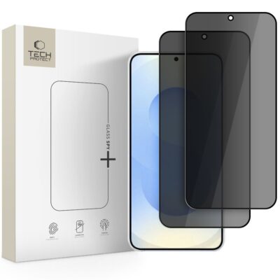 Juodas apsauginis ekrano stikliukas Samsung S26 Plus TECH-PROTECT GLASS SPY, matomas pakuotės dėžutėje ir du juodi apsauginiai stikliukai