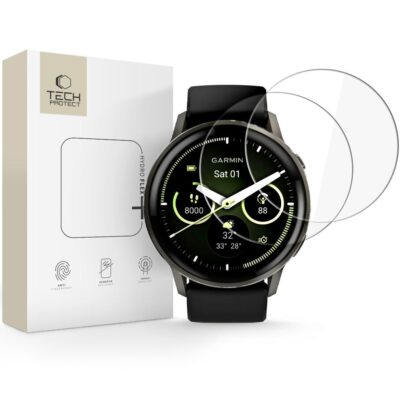 Apsauginė ekrano plėvelė Garmin Venu 4 45 MM Tech Protect šalia laikrodžio ir pakuotės