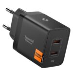 Juodas buitinis pakrovėjas SPIGEN ESSENTIAL EE472EU 2-PORT NETWORK CHARGER 47W su dviem USB-C jungtimis ir Europos tipo kištuku
