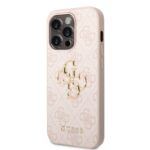 Rausvas originalus dėklas Guess PU 4G Metal Logo telefonui Apple iPhone 14 Pro su auksiniu logotipu