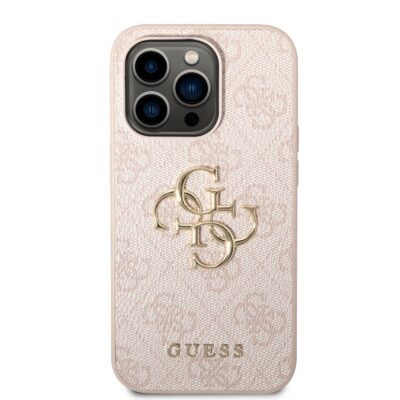 Rausvas originalus dėklas Guess PU 4G Metal Logo telefonui Apple iPhone 14 Pro su aukso spalvos logotipu