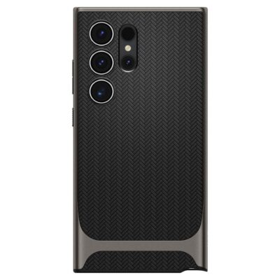 Pilkas dėklas Samsung Galaxy S24 Ultra Spigen Neo Hybrid su tekstūruota juoda nugarėle ir apsauga kameros angoms