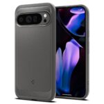 Pilkas dėklas Google Pixel 9 Pro XL su tekstūruotais paviršiais ir apsauga kameros moduliui