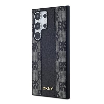 Juodas dėklas telefonui Samsung Galaxy S24 Ultra DKNY PU Leather Checkered Pattern Magsafe su languotu raštu ir juoda oda