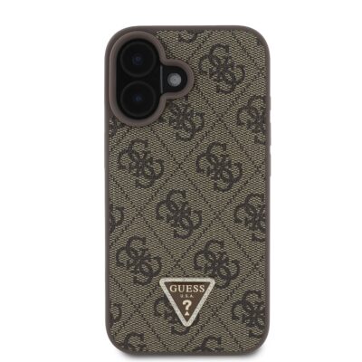 Rudas dėklas Guess PU 4G Strass Triangle Metal Logo telefonui Apple iPhone 16 su monogramos raštu