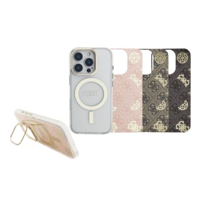 Dėklų rinkinys Guess PC TPU Electroplated Stand Camera Frame MagSafe Case su keičiamais fonais Apple Iphone 16 Pro
