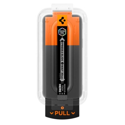 Apsauginis ekrano stikliukas Apple Iphone 17 Air SPIGEN GLAS.TR EZ FIT PRO, pakuotėje su oranžiniu ir juodu dizainu