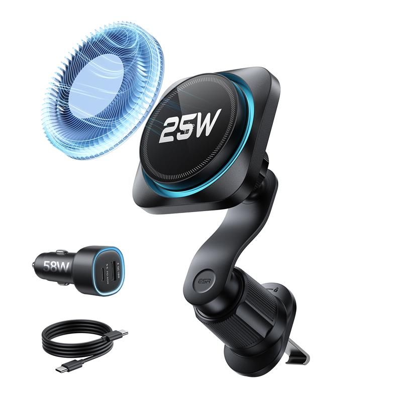 Juodas telefono laikiklis su pakrovimu ESR OMNILOCK CRYOBOOST MAGNETIC MAGSAFE VENT CAR MOUNT WIRLESSS CHARGER QI2.2 25W Juodas telefono laikiklis su pakrovimu ESR OMNILOCK CRYOBOOST MAGNETIC MAGSAFE VENT CAR MOUNT WIRLESSS CHARGER QI2.2 25W matomas su USB laidu ir adapteriu
