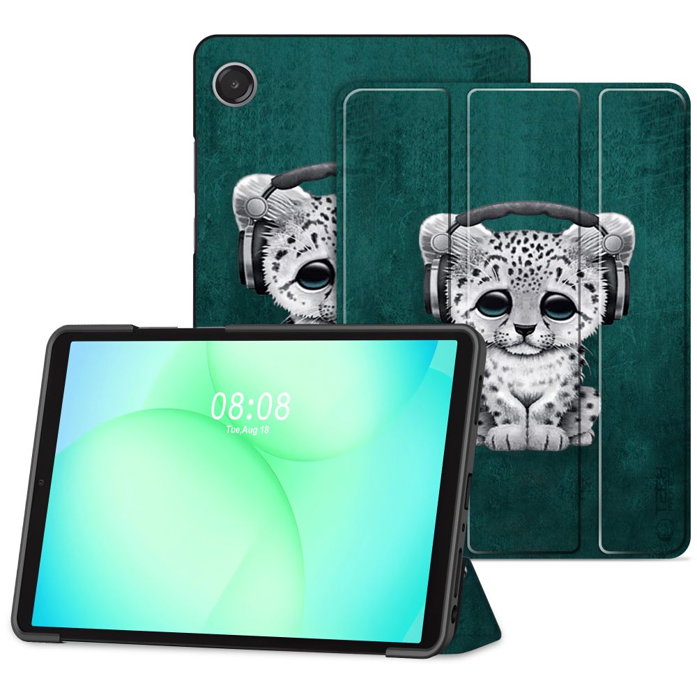 Liūdnas kačiukas dėklas Samsung Galaxy Tab A9 Plus Liūdnas kačiukas dėklas Samsung Galaxy Tab A9 Plus su auksiniu fonu ir ausinėmis