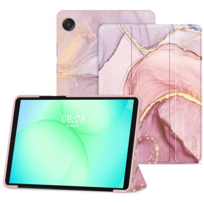Marmurinis dėklas Samsung Galaxy Tab A9 Plus Tech-Protect Smartcase su rožinės ir violetinės spalvos marmuriniu raštu