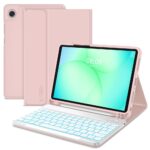 Rausvas dėklas Galaxy Tab A9 Plus su apšviesta klaviatūra ir stovu