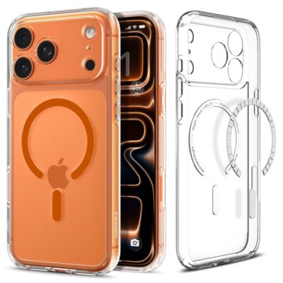 Skaidrus-oranzinis dekals Apple Iphone 17 Pro Spigen Ultra Hybrid Mag Magsafe su Matech apsauga