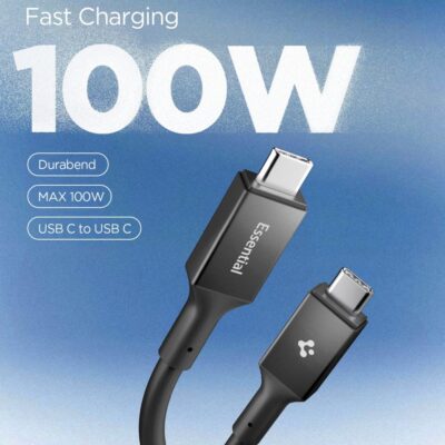 Juodas laidas SPIGEN EB10020CC ESSENTIAL TYPE-C CABLE 100W 200CM su USB C jungtimis ir 100W įkrovimu