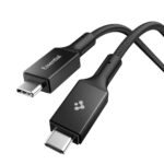 Juodas laidas SPIGEN EB10010CC ESSENTIAL TYPE-C CABLE 100W 100CM su juodais Type-C jungtimis ir pynimu kabliuko dalyje