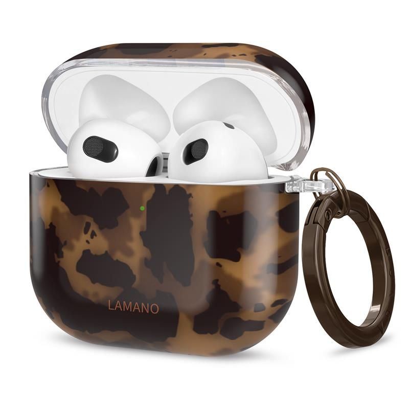 Panther dėklas Apple Airpods 4 TECH-PROTECT LAMANO Panther dėklas Apple Airpods 4 TECH-PROTECT LAMANO su rudai juodu gyvūno rašto dizainu ir atidarytu dangteliu