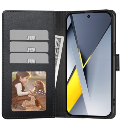 Juodas atverčiamas dėklas Xiaomi Poco F8 Pro su keliomis kortelių kišenėmis ir telefono ekranu