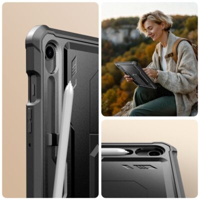 Juodas dėklas Samsung Galaxy Tab S9 11.0 su specialiu laikikliu pieštukui ir apsauga kameros srityje